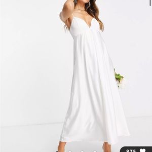 White satin cami midi wedding dress with full skirt